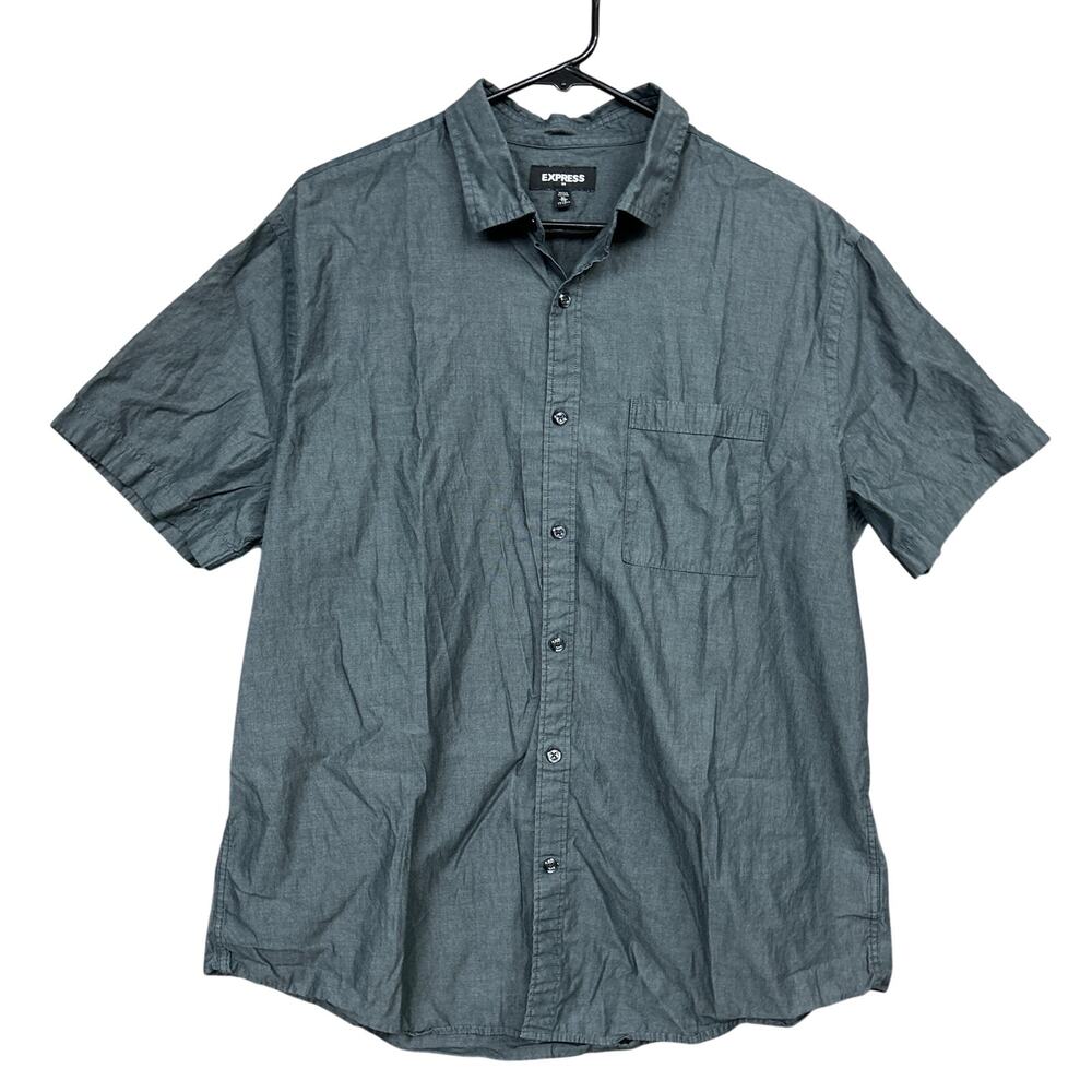 Express Mens Shirt Charcoal Gray Button Down Collared Short Sleeve Cotton XL